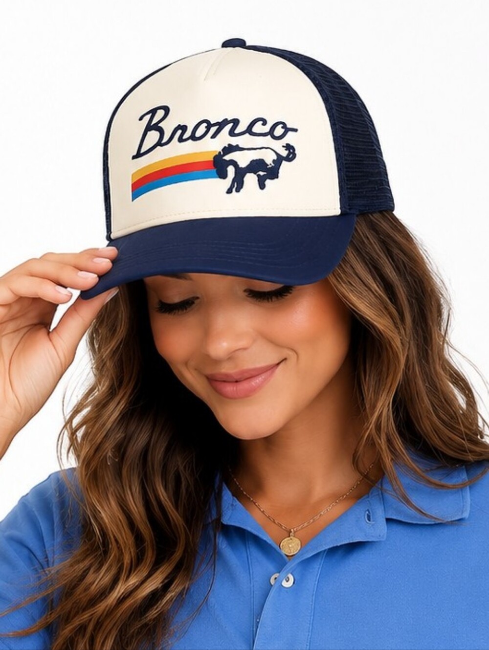 Vintage Bronco Cream and Navy Trucker Hat with Retro Stripes